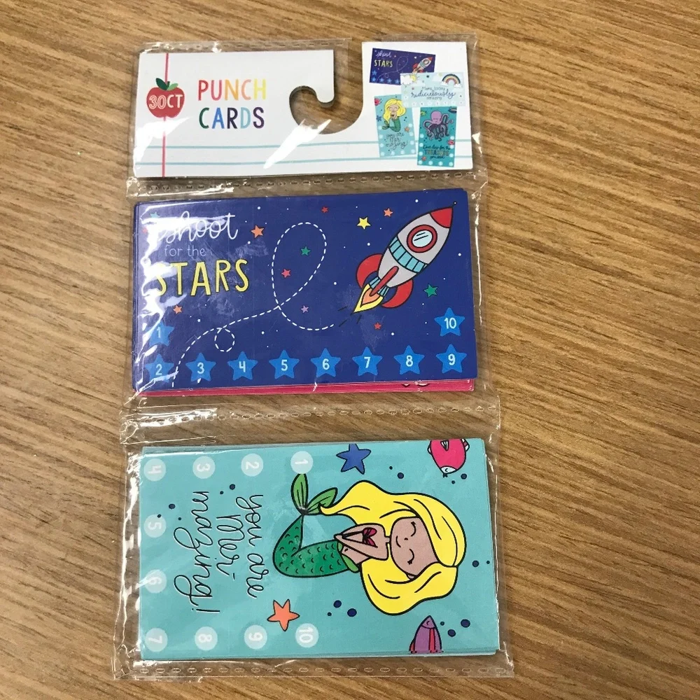 30 Count Punch Cards for School Award Achievement Spaceship and Mermaid
